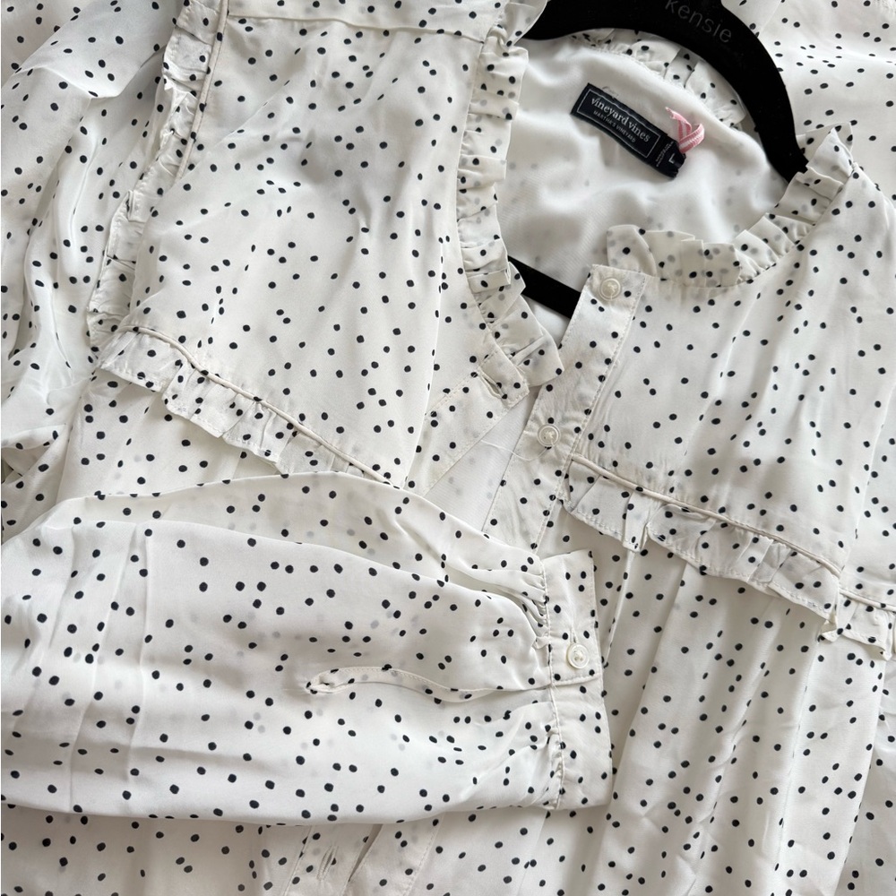 Vineyard Vines Black and White Dotted Long Sleeve Ruffled Tier Shirt Dress